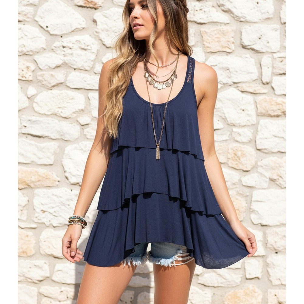 Love & Peace M Tank Top Navy Blue Lace Tiered Ruffle Knit Boho Cottage Coastal